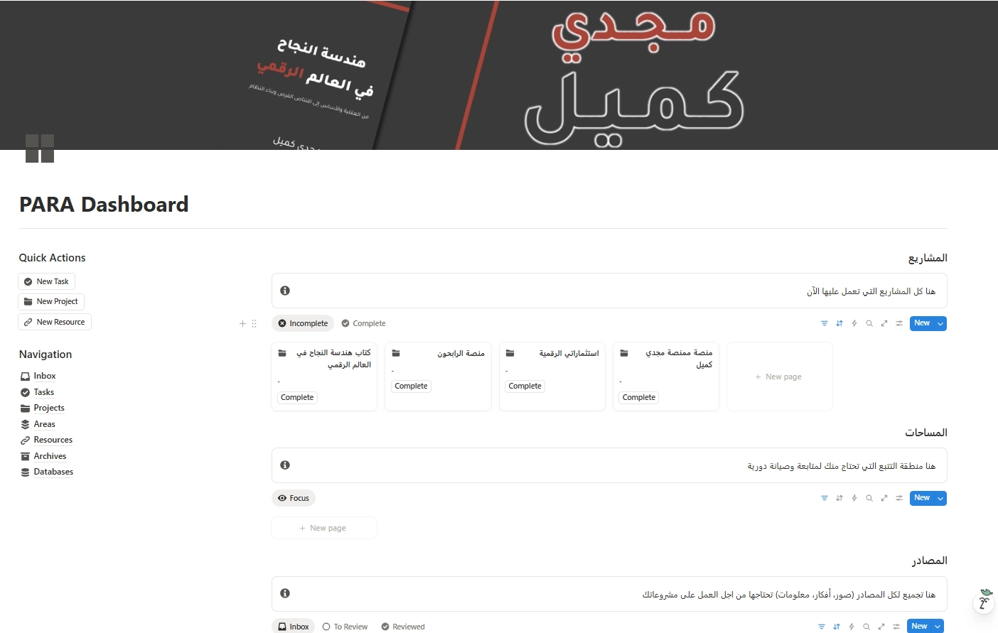 لوحة القيادة التشغيلية بنظام PARA على أداة نوشن، توضح الهيكل الفعلي لإدارة مشاريع ريادة الأعمال الرقمية للكاتب مجدي كميل