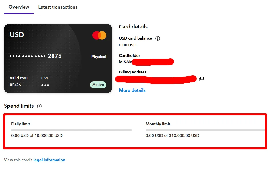 لقطة شاشة لبطاقة Payoneer USD نشطة باسم 'Magdi Kamil' مع مستطيل أحمر يركز على حدود الإنفاق المرتفعة (10,000 دولار يومياً، و310,000 دولار شهرياً) كإثبات على القدرة المالية المؤسسية للمستقل.