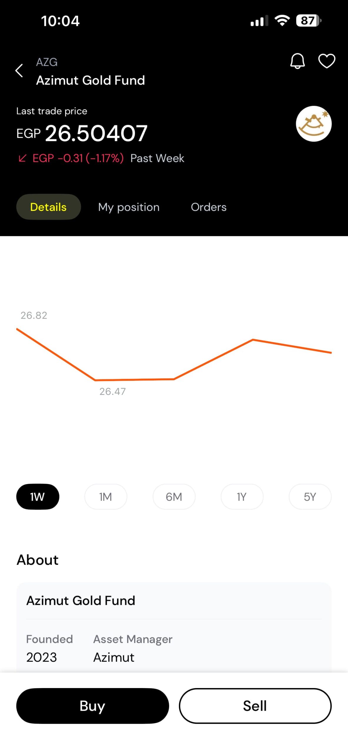 شاشة تطبيق ثاندر Thndr توضح سعر وثيقة صندوق استثمار الذهب AZG لإثبات إمكانية شراء الذهب بمبالغ بسيطة.