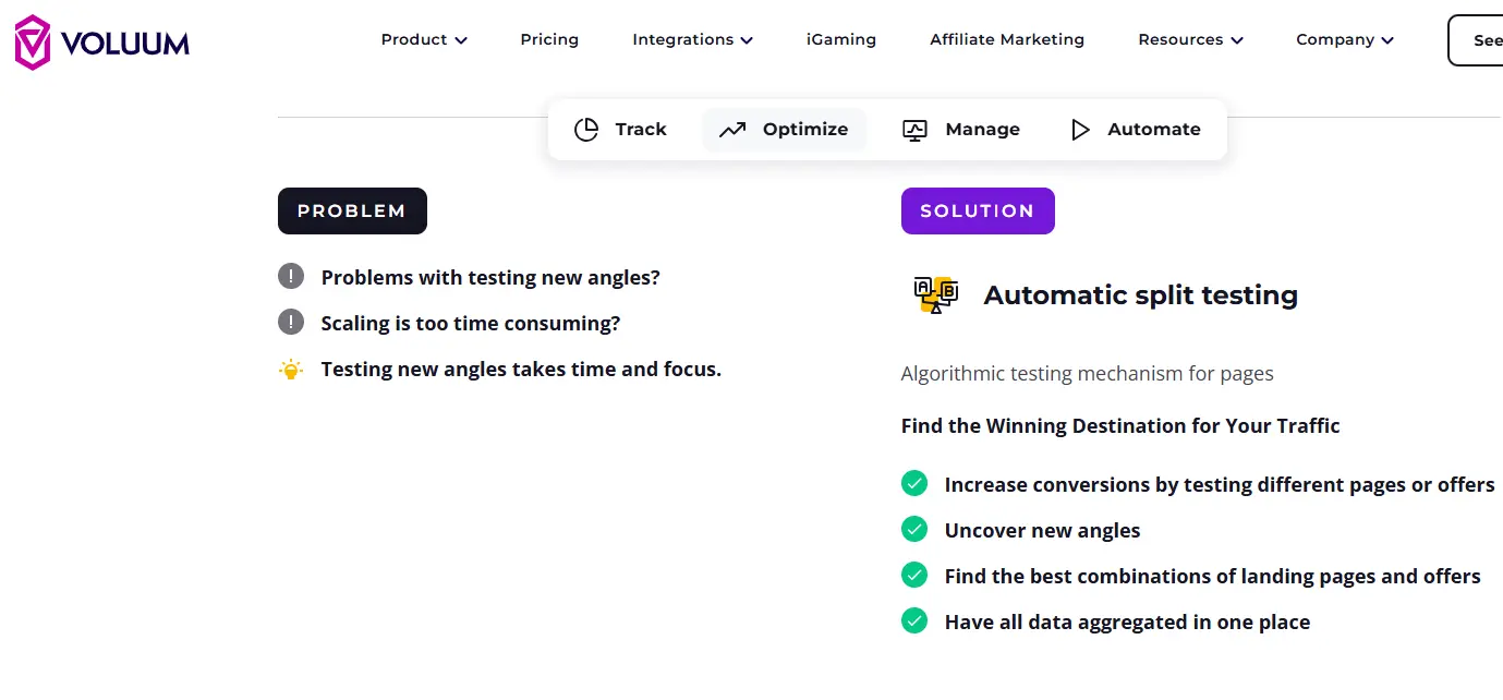 خاصية الاختبار الآلي لصفحات الهبوط والعروض في برنامج Voluum لتتبع وتحسين حملات التسويق بالعمولة.
